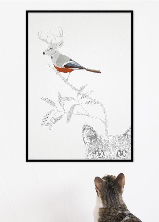 Kat og hjortefugl plakat eksempel